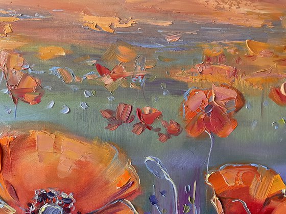 "Red poppies on the field". Oil painting.