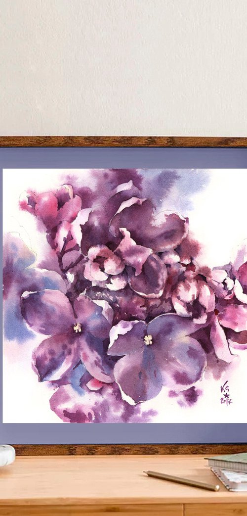 Original watercolor painting "Thousand Shades of Lilac Flowers" pink violet botanical abstract by Ksenia Selianko