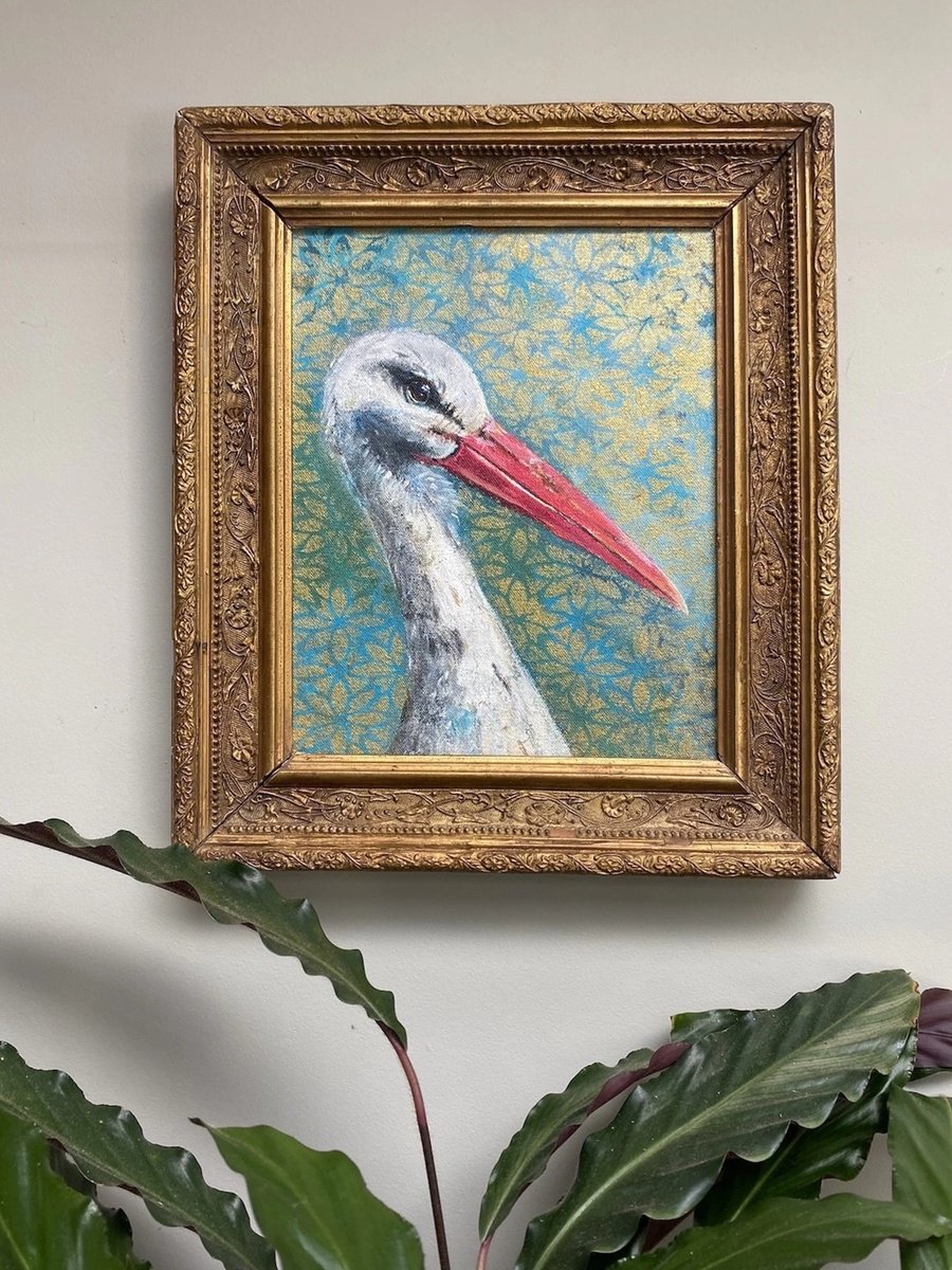 Expressive Animal Painting By Charlotte Gerrard, 11 X 13, White Stork, Original Artwork