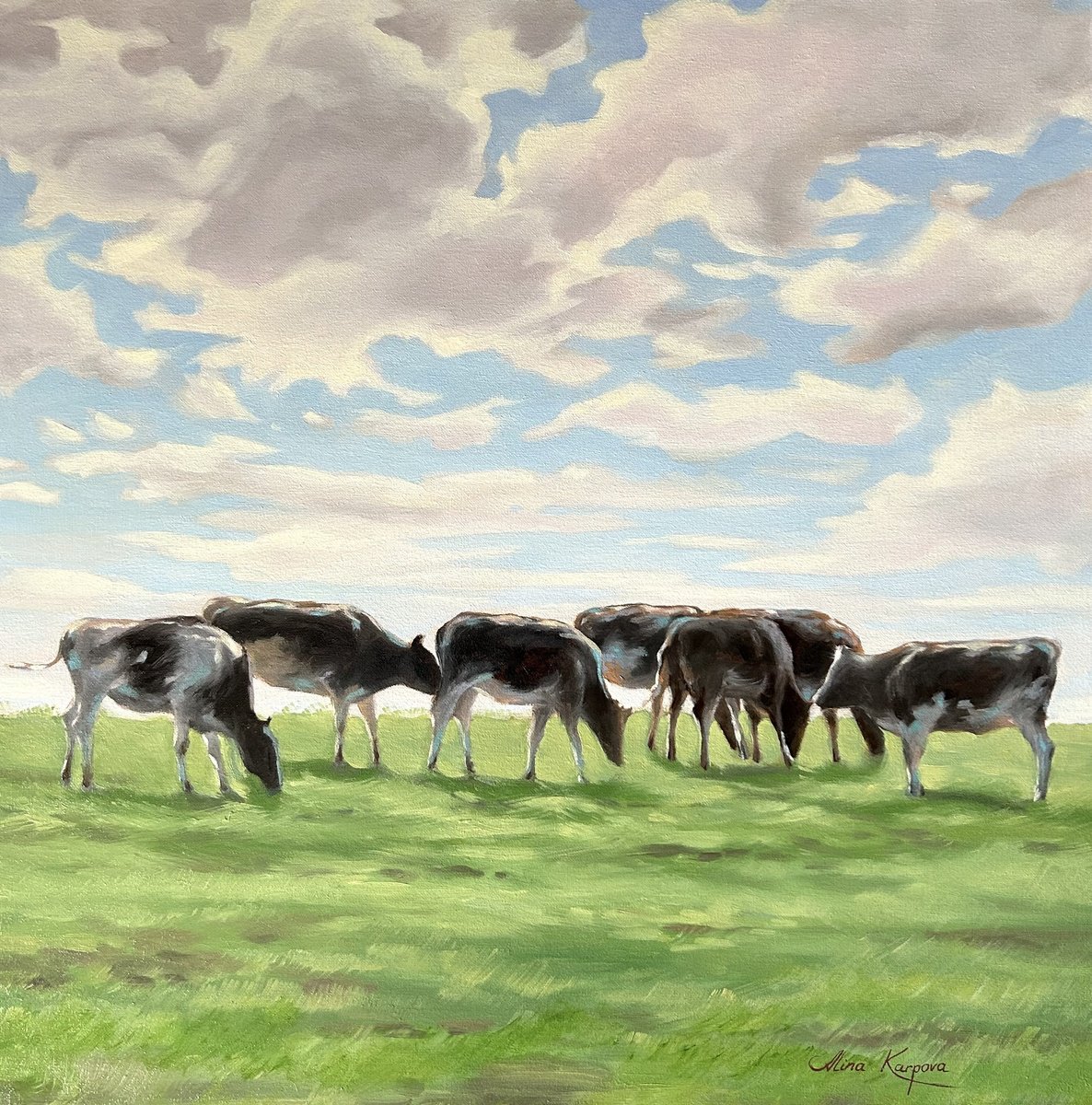 Impressionistic Animal Oil Painting By Alina Karpova, 20 X 20, Cows In A Field, Original Artwork