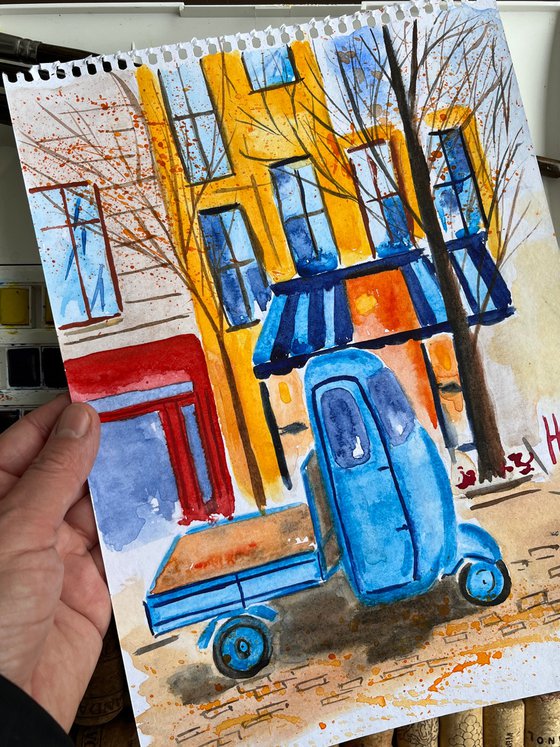 Car Painting Lorry Original Art Blue Truck Watercolor Artwork Cityscape Home Wall Art 8 by 12" by Halyna Kirichenko