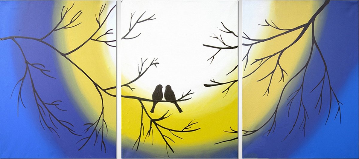 Impressionistic Animal Acrylic Painting By Stuart Wright, 48 X 20", Forever Together Love Birds, Original Artwork