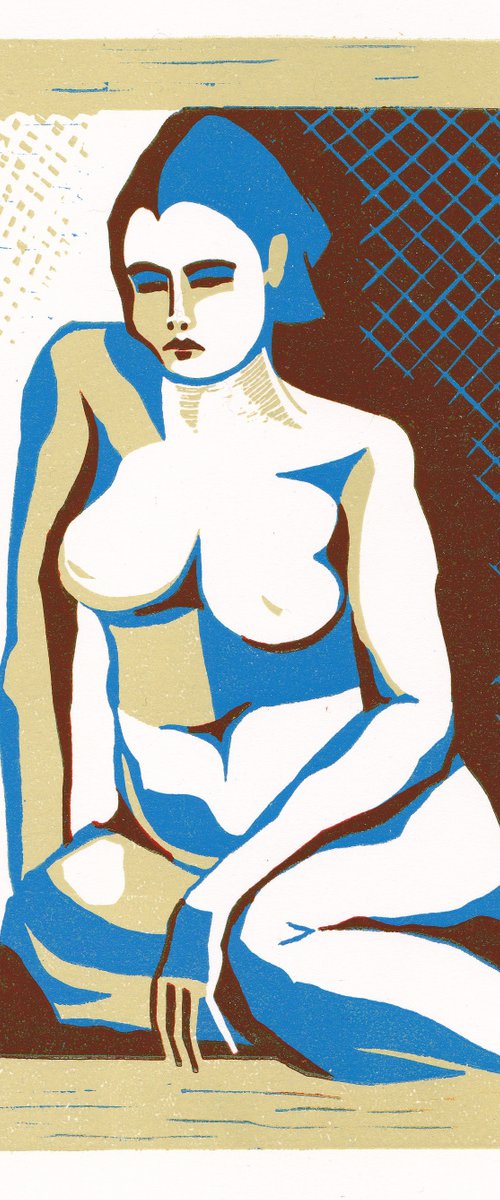 Nude Seated (Straw, blue & brown colourway) by Alison Pearce