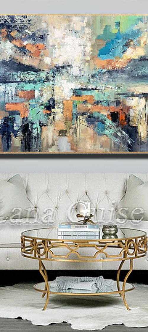 Shining Light - Extra Large Abstract Painting 71" x 40" , Oversize Canvas, Gray, Blue Gold Leaf Soft Colors White Gray Painting by Lana Guise