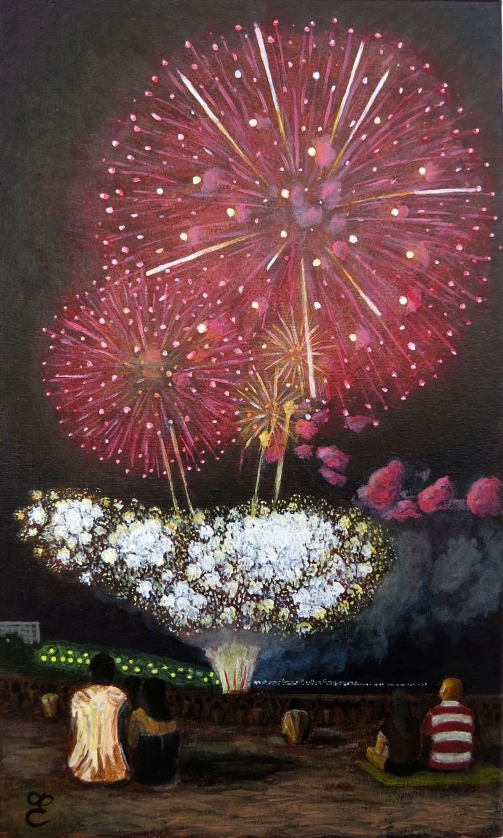 Photorealistic Landscape Acrylic Painting By Dmytro Yeromenko, 12 X 20, Fireworks 3, 30*50, Original Artwork