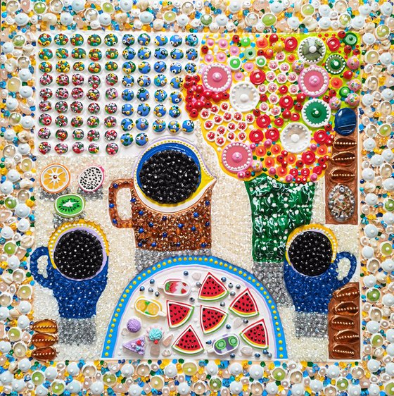 Abstract still life with flowers, fruit and coffee. Naive art impressionist decorative sculptural painting mosaic