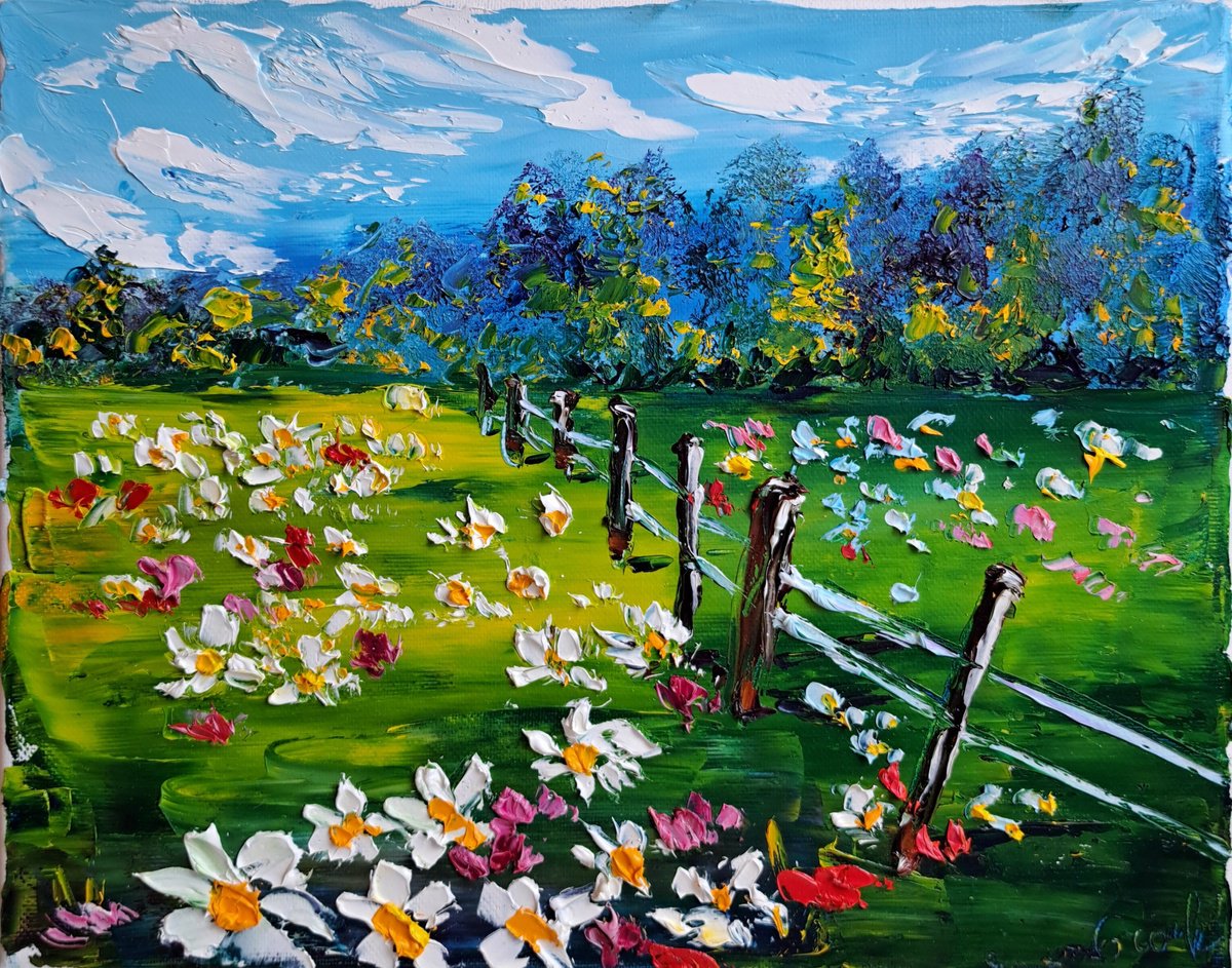 Impressionistic Landscape Oil Painting By Oksana Fedorova, 12 X 10", Fence By The Meadow, Original Artwork