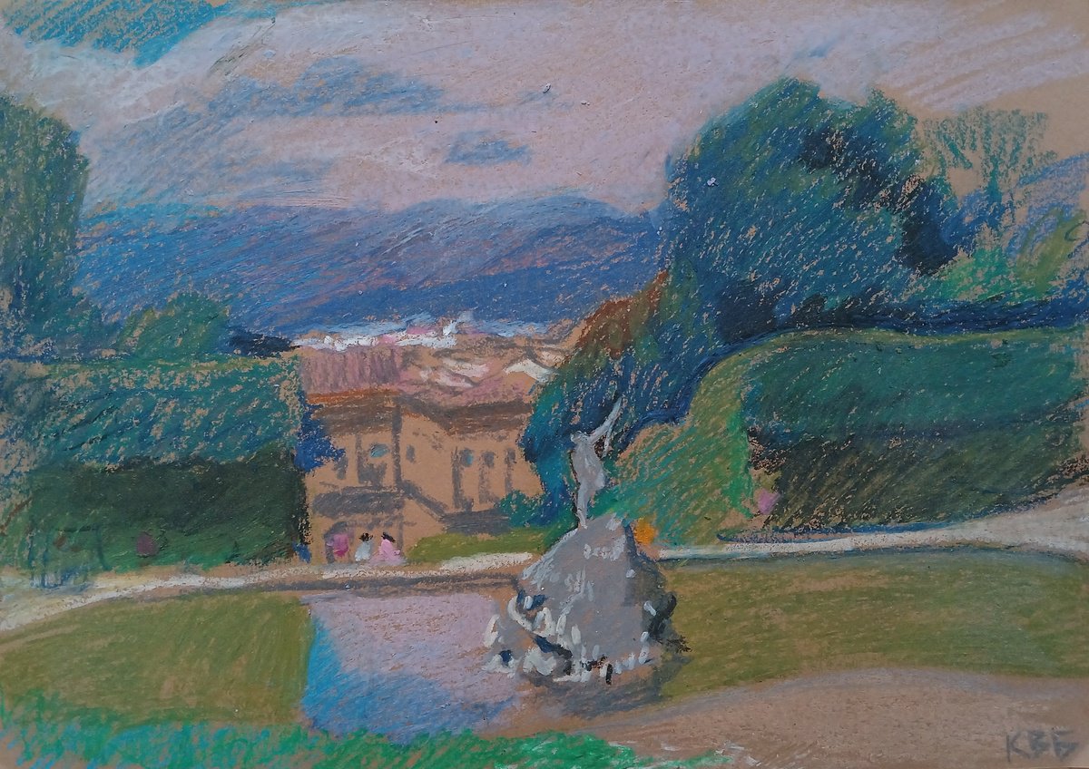 Graphic Cityscapes Pastel Drawing By Vasyl Koval, 13 X 9", Boboli Gardens, Original Artwork