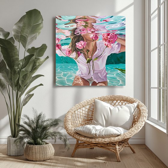 Underwater with pink flowers