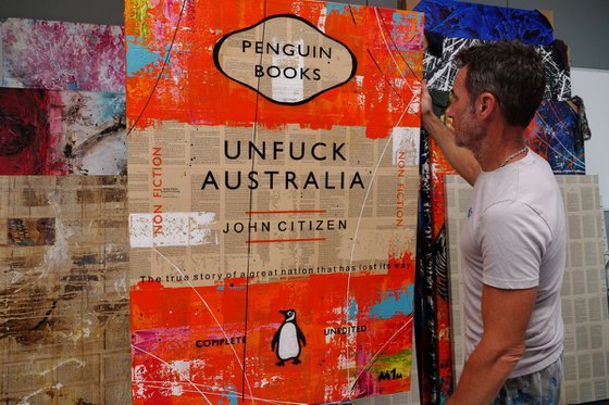 Unfuck Our Land Down Under 140cm x 100cm Unfuck Australia Book Page Textured Urban Pop Art