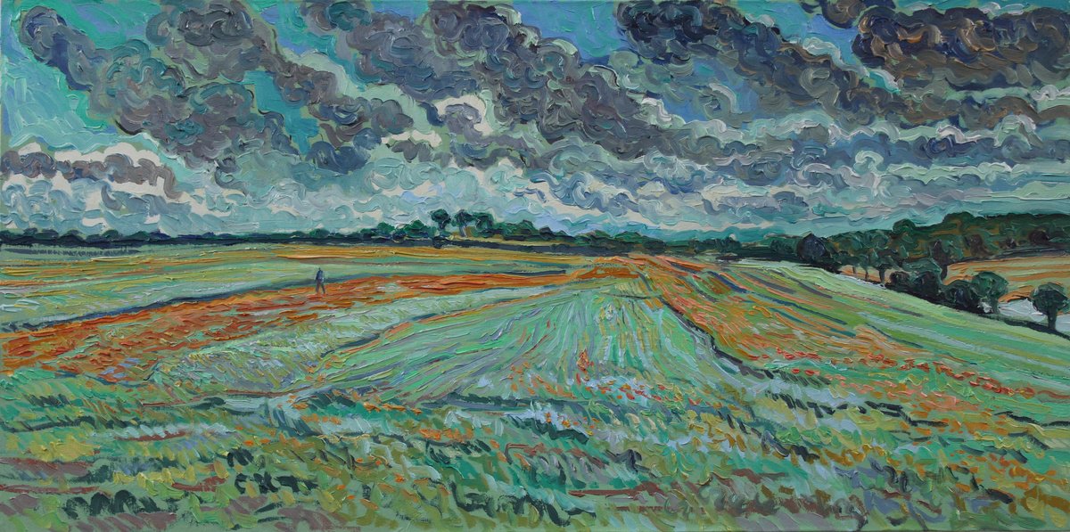 Impressionistic Landscape Oil Painting By Nigel Dickerson, 39 X 20", Storm Over Poppy Field, Original Artwork