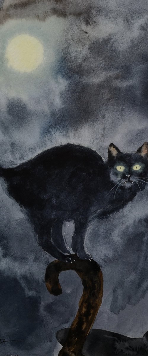 Black Cat Full Moon Happy Hall by Olga Beliaeva Watercolour