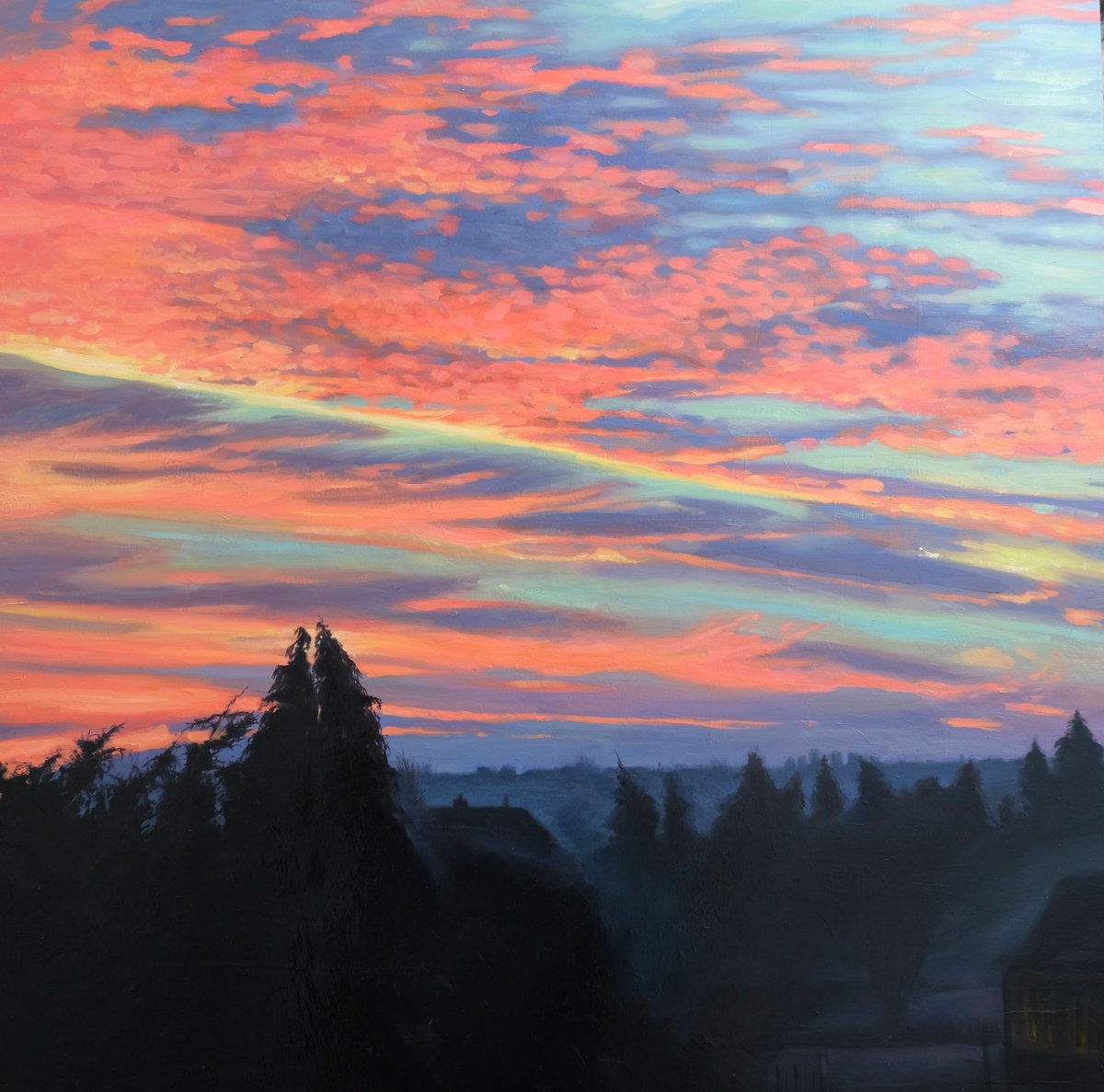 Organic Landscape Oil Painting By Kerry Lisa Davies, 31 X 31", Fire Sky, Original Artwork