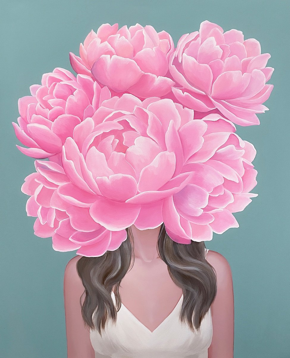 Portrait Acrylic Painting By Elina Zelena, 26 X 31, Stranger In Pink Peonies, Original Artwork