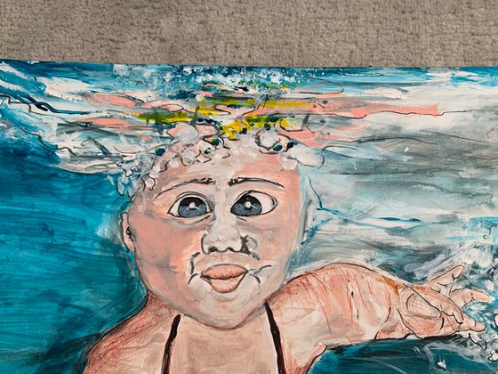 Underwater Painting of Baby Swimming for Home Decor, Child Portrait Art Decor, Artfinder Gift Ideas