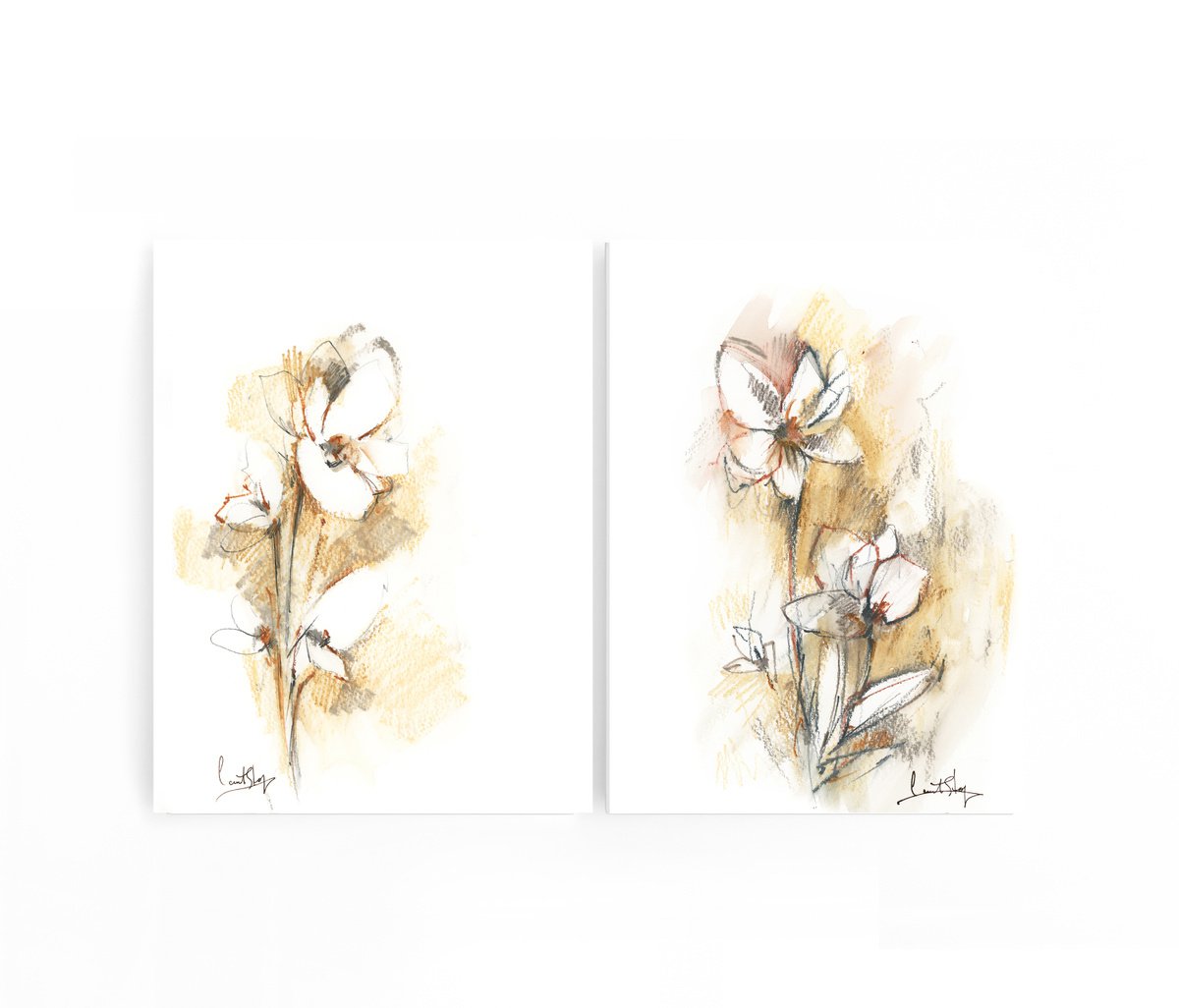 Abstract florals in yellow and earth colors 2 paintings set by Sophie Rodionov
