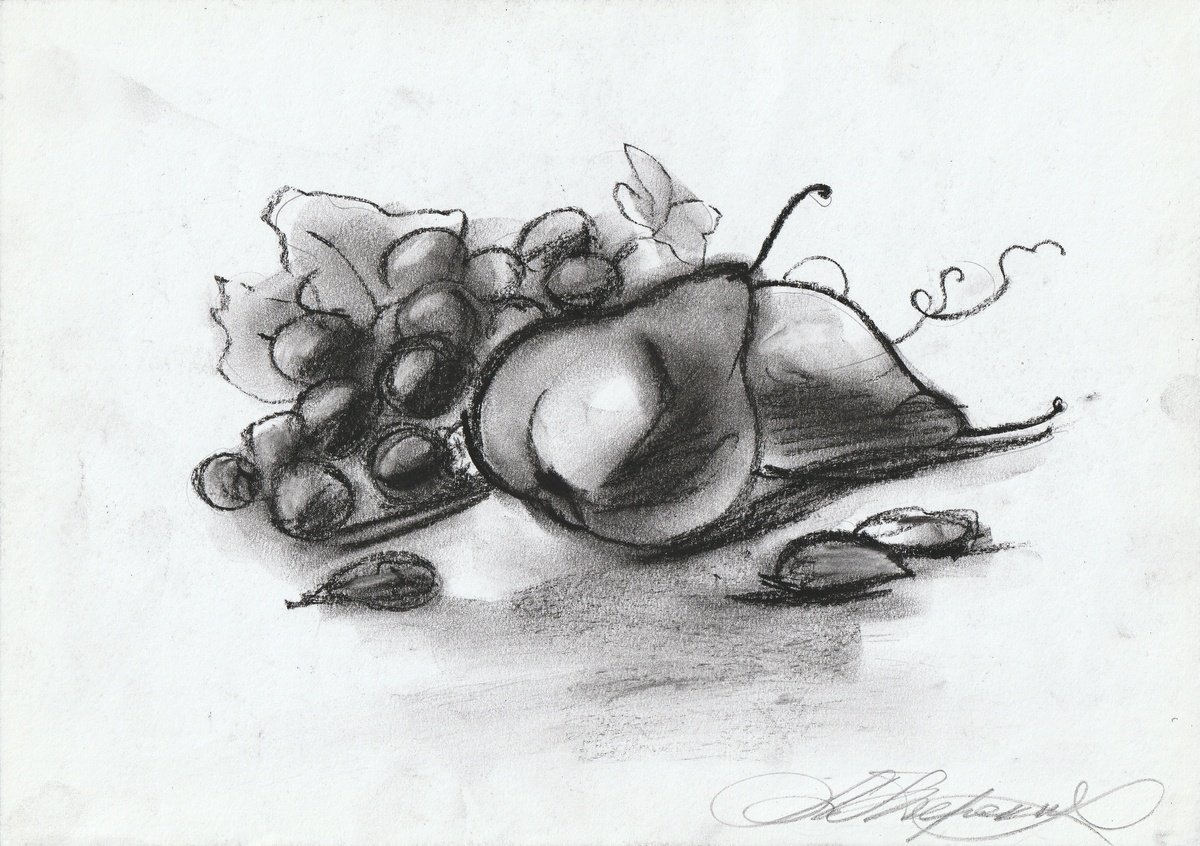 Still Life Charcoal Drawing By Anastasia Terskih, 12 X 8, Pear And Grape, Original Artwork