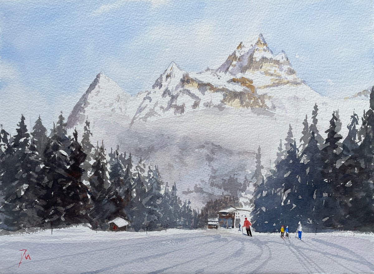 Impressionistic Landscape Watercolour By Shelly Du, 15 X 11", Zermatt Skiing, Original Artwork