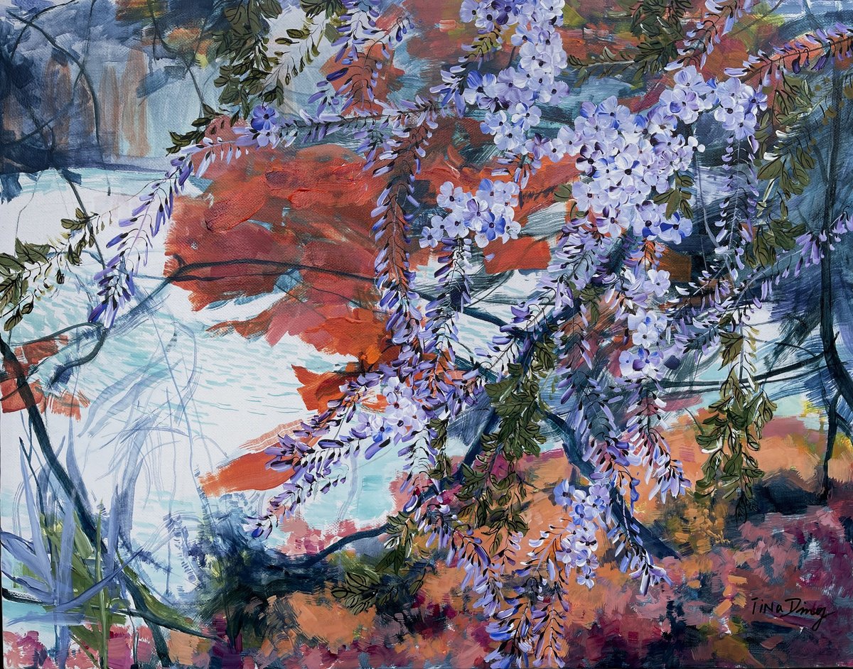 Expressive Botanical Acrylic Painting By Tina Ding, 34 X 27", Cascading Blossoms, Original Artwork