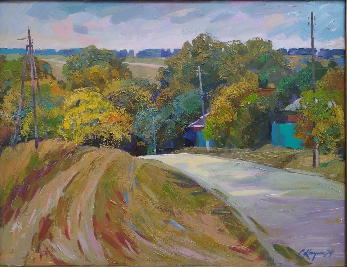 Impressionistic Landscape Acrylic Painting By Sergey Kachin, 35 X 28", Autumn Day, Original Artwork