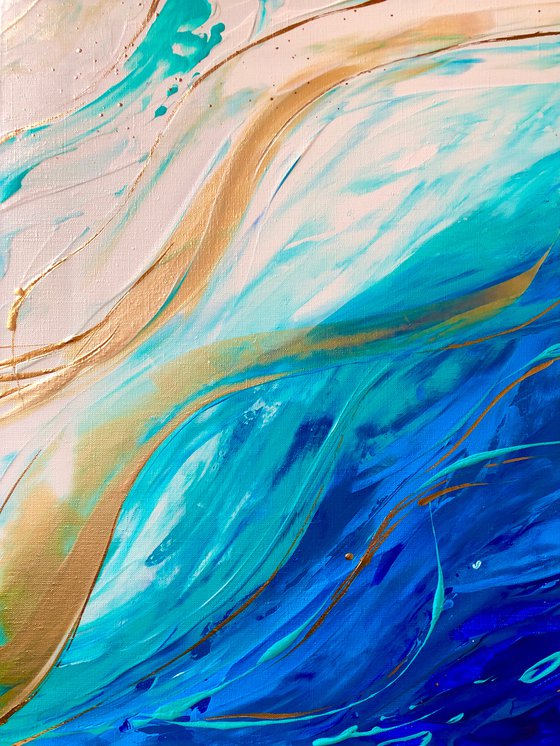 FLYING OVER THE SEASHORE - Ocean abstraction. Marine theme. Sea shore. Blue water. Strait. Sand. Lagoon.