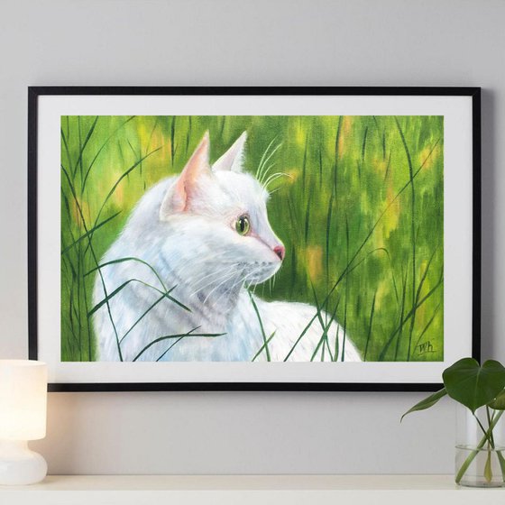 white Cat for a walk. Realistic Portrait a lovely Cat