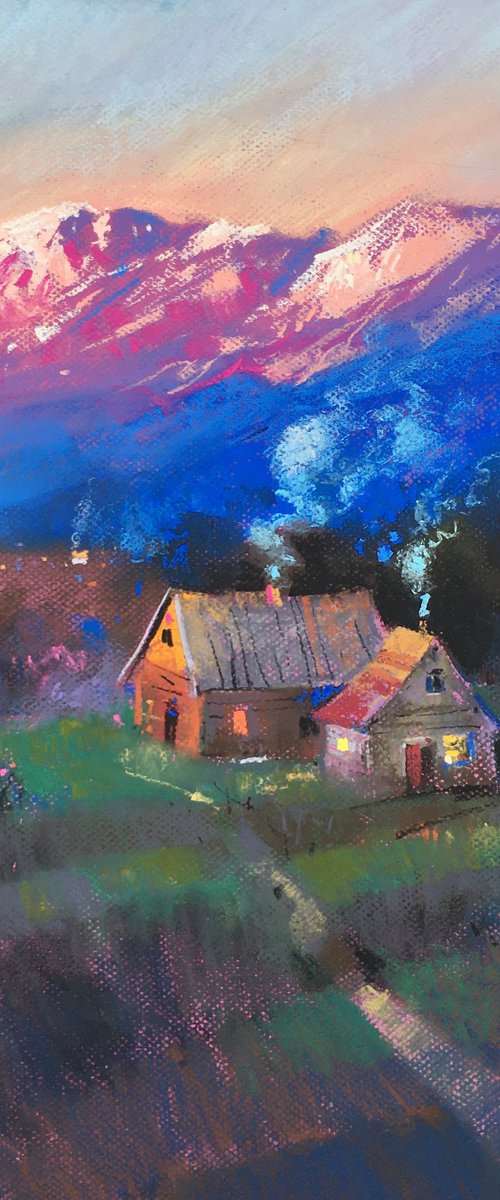 Ukrainian art Sunrise in the Carpathians Mountains. Soft pastel drawing 19.6x19.6 inch (50x50 cm) by Andrii Kovalyk