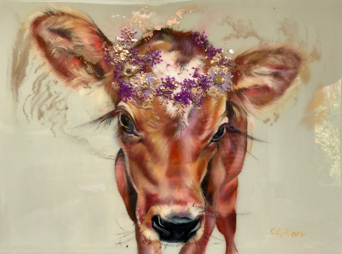 Faerie Moo -  Red brown Cow calf original oil painting, Flowers, Resin 16x12 by Carol Gillan