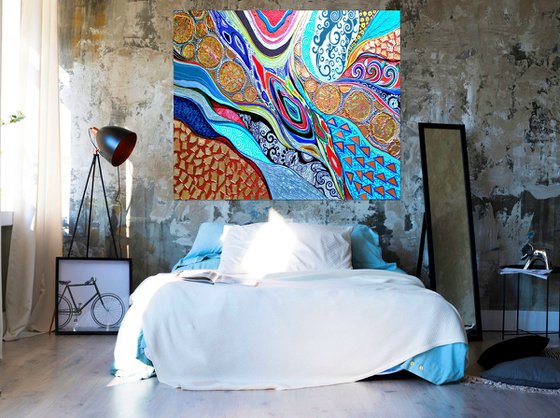 Large abstract painting. Blue turquoise orange gold red wall art