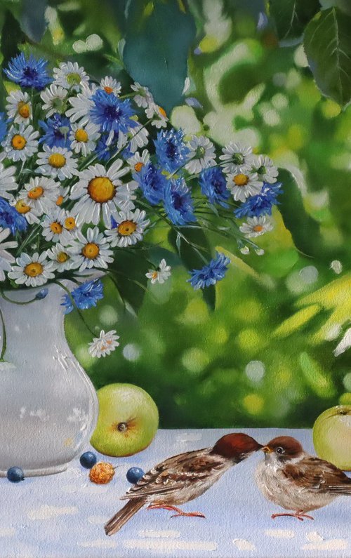 Daisies and Cornflowers with Sparrows by Natalia Shaykina