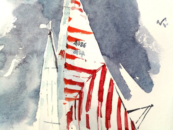 Watercolor sketch "Yacht with striped sails" - series "Artist's Diary"