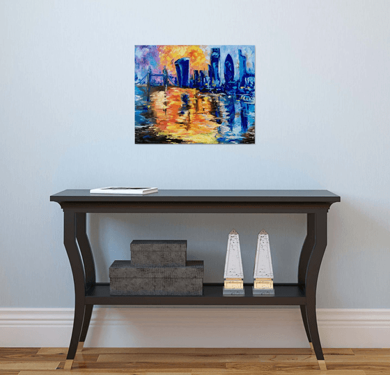 London city, Abstract sunset  variations of blue colors: ultramarine, navy blue, turquoise, sky blue, cobalt, palette knife original artwork.