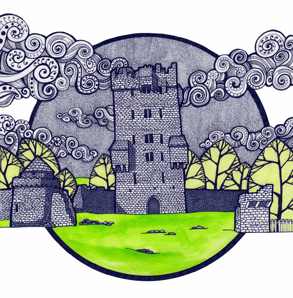 Illustrative Cityscapes Ink Drawing By Terri Smith, 16 X 16", Aughnanure Castle, Oughterard, Original Artwork