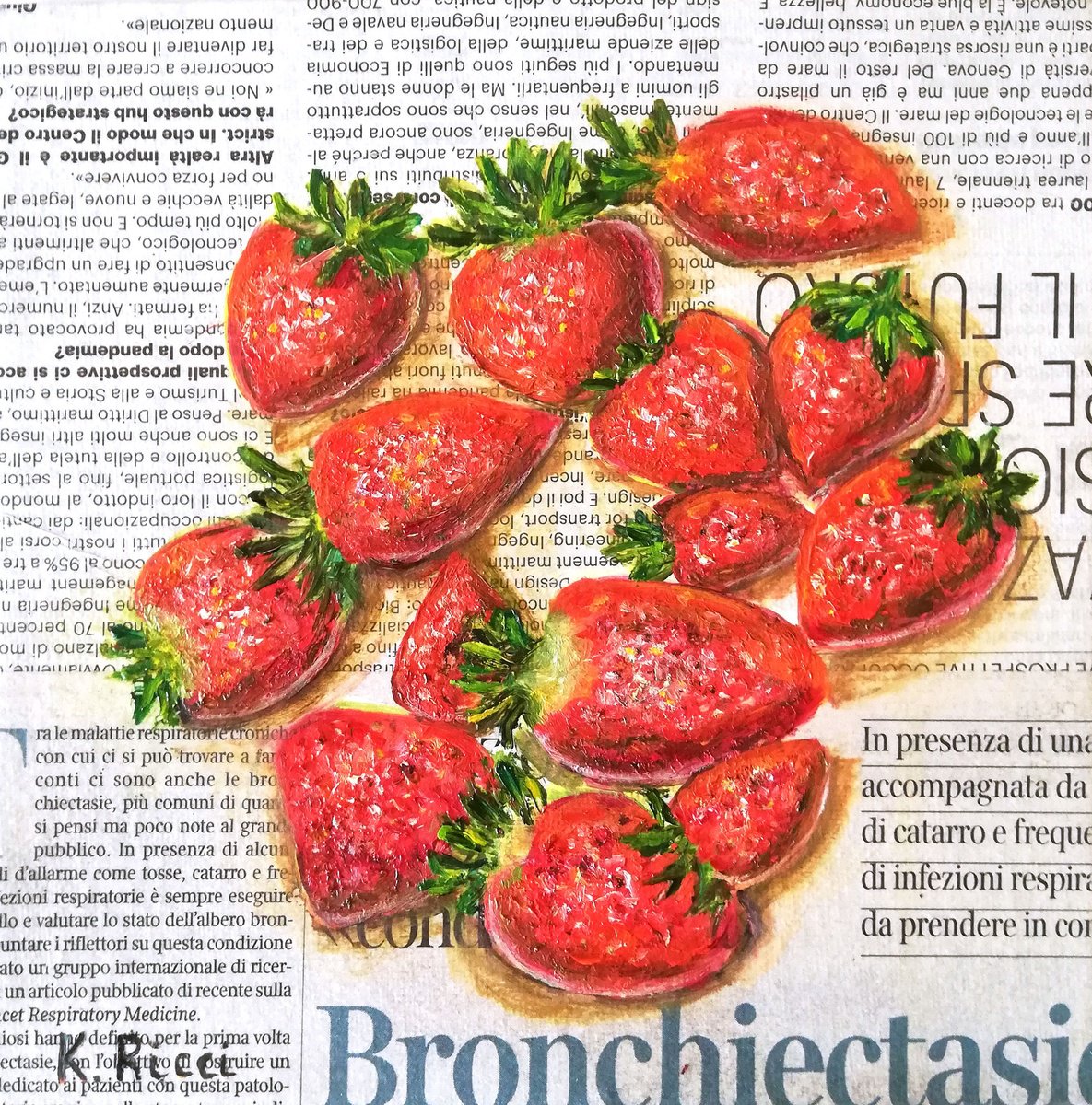 Strawberries on Newspaper Original Oil on Canvas Board Painting 8 by 8 inches (20x20 cm) by Katia Ricci