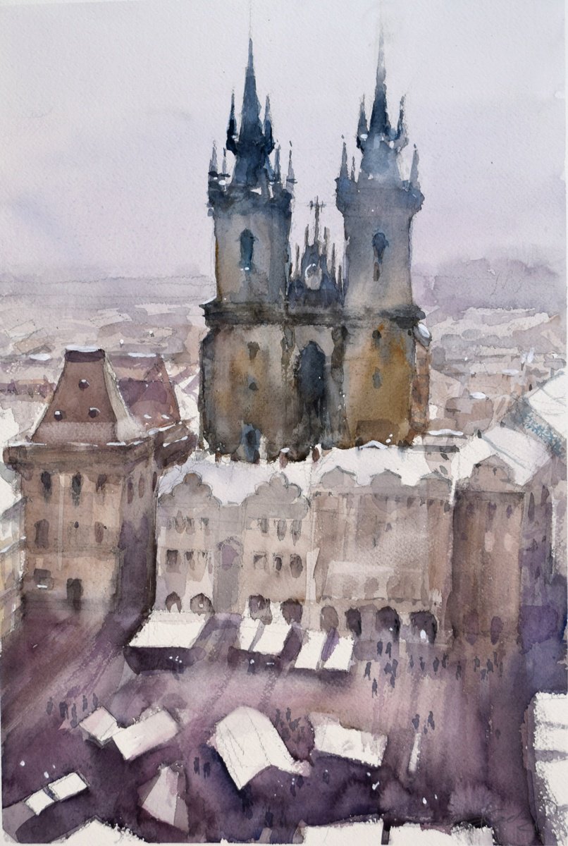 Cityscapes Watercolour By Goran Zigolic Watercolors, 15 X 22, Roofs Of The Prague, Original Artwork