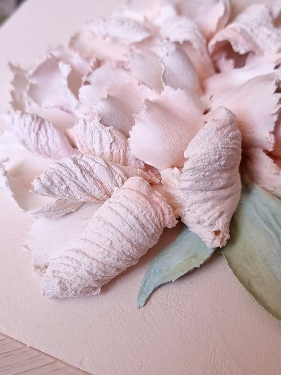 Peony flower panel. Small ceramic sculpture 3d flower with white petals. Tender peony botanical bas- relief. White Peony 3 - 3d painting