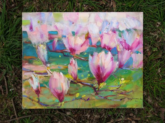 Magnolia blooms Flower painting A moment of spring Original oil painting