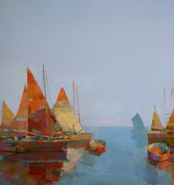 Sail Boats- Harbor, Contemporary art,  Handmade oil painting Original artwork One of a kind