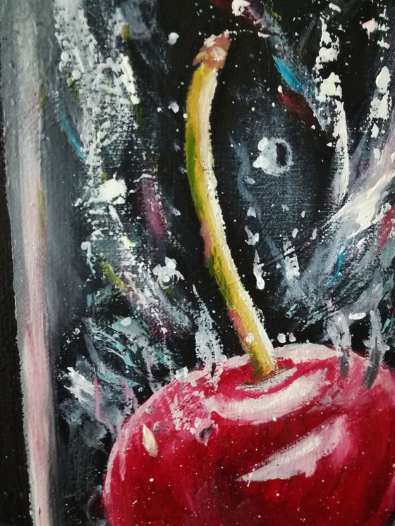 Cherry, glass, water, splash, original oil painting