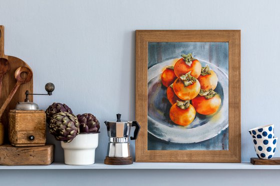 Still life with persimmons on plate