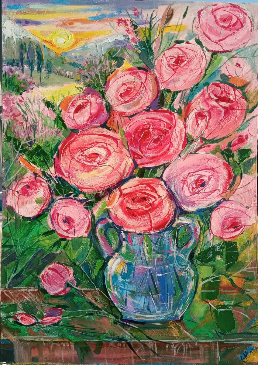 Impressionistic Landscape Oil Painting By Alina Skorokhod, 20 X 28, Roses Tuscany Landscape, Original Artwork