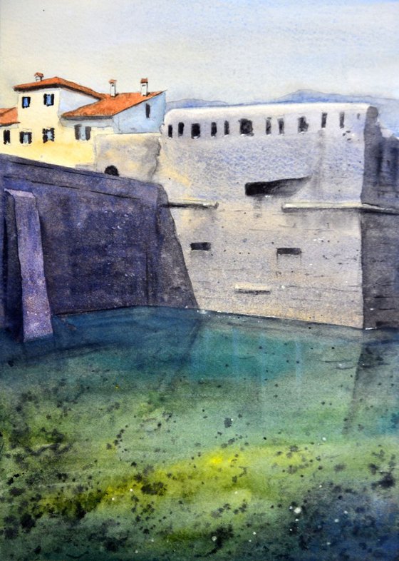 Walls of Old town Kotor Montenegro medium watercolour