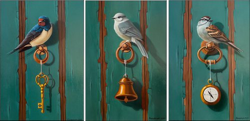 Still life with birds - triptych (24x35cm, 24x35cm, 24x35cm, oil painting, ready to hang) by Ara Gasparian