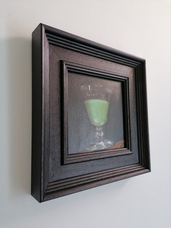 Pernod Absinthe Still Life original oil realism painting, with black wooden frame.