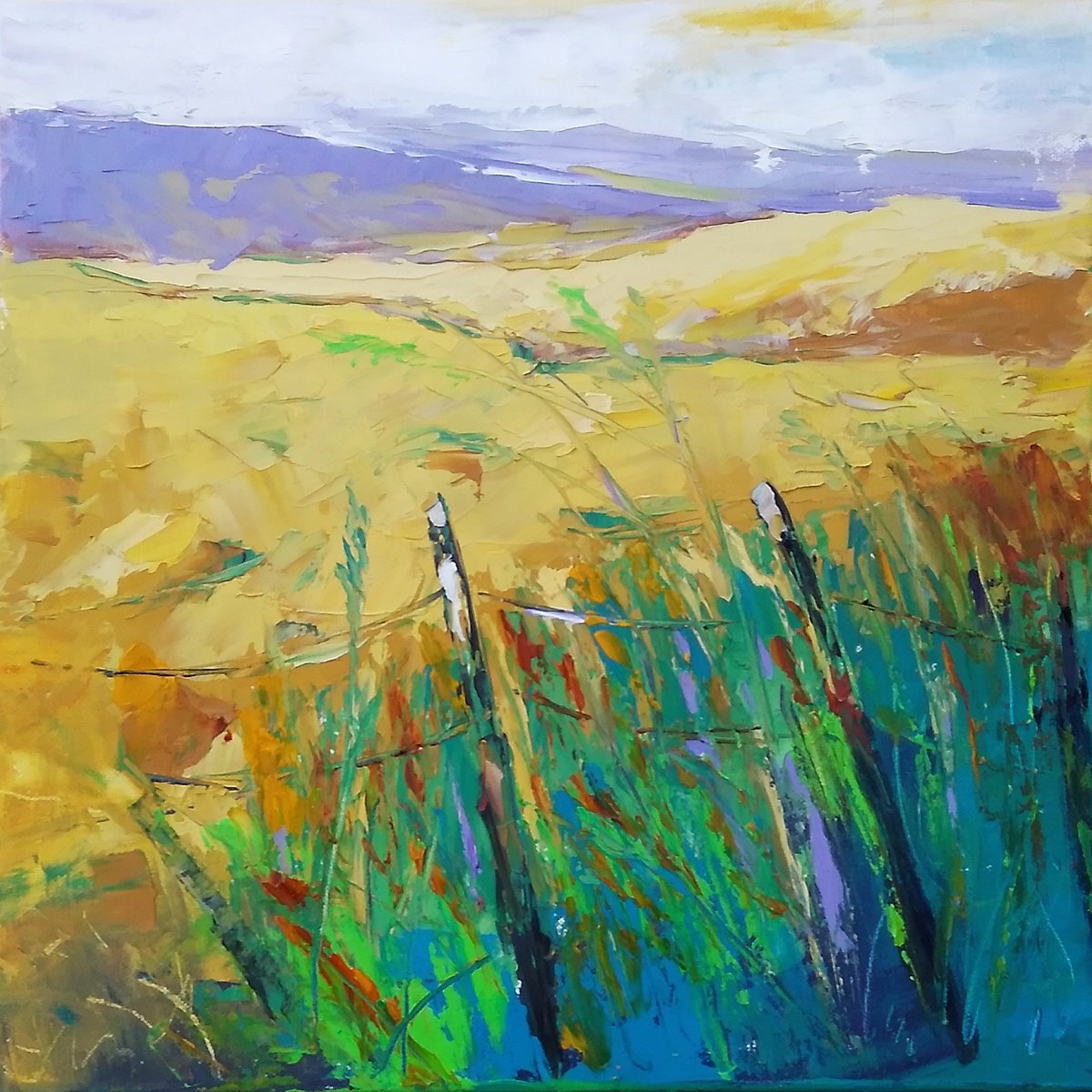 BRIGHT MINDED, 40x40cm, golden summer fields landscape by Emilia Milcheva