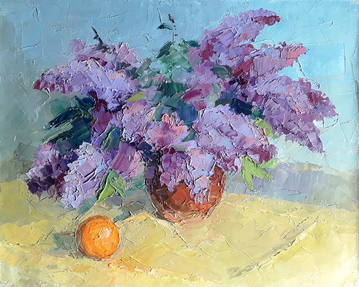 Impressionistic Still Life Oil Painting By Boris Serdyuk, 16 X 20, Lilac And Tangerine, Original Artwork
