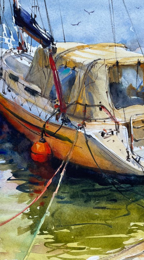 Yachts in the port. Watercolor painting by Samira Yanushkova