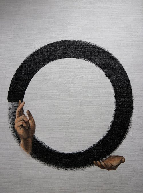 ABSOLUTE - OIL PAINTING, ORIGINAL GIFT, CALLIGRAPHY, BLACK LINE, HANDS, CIRCLE by Anzhelika Klimina