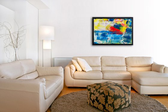 "Crystal Blue Persuasion" - Original PMS Large Abstract Acrylic Painting On Panel, Framed - 38" x 26"