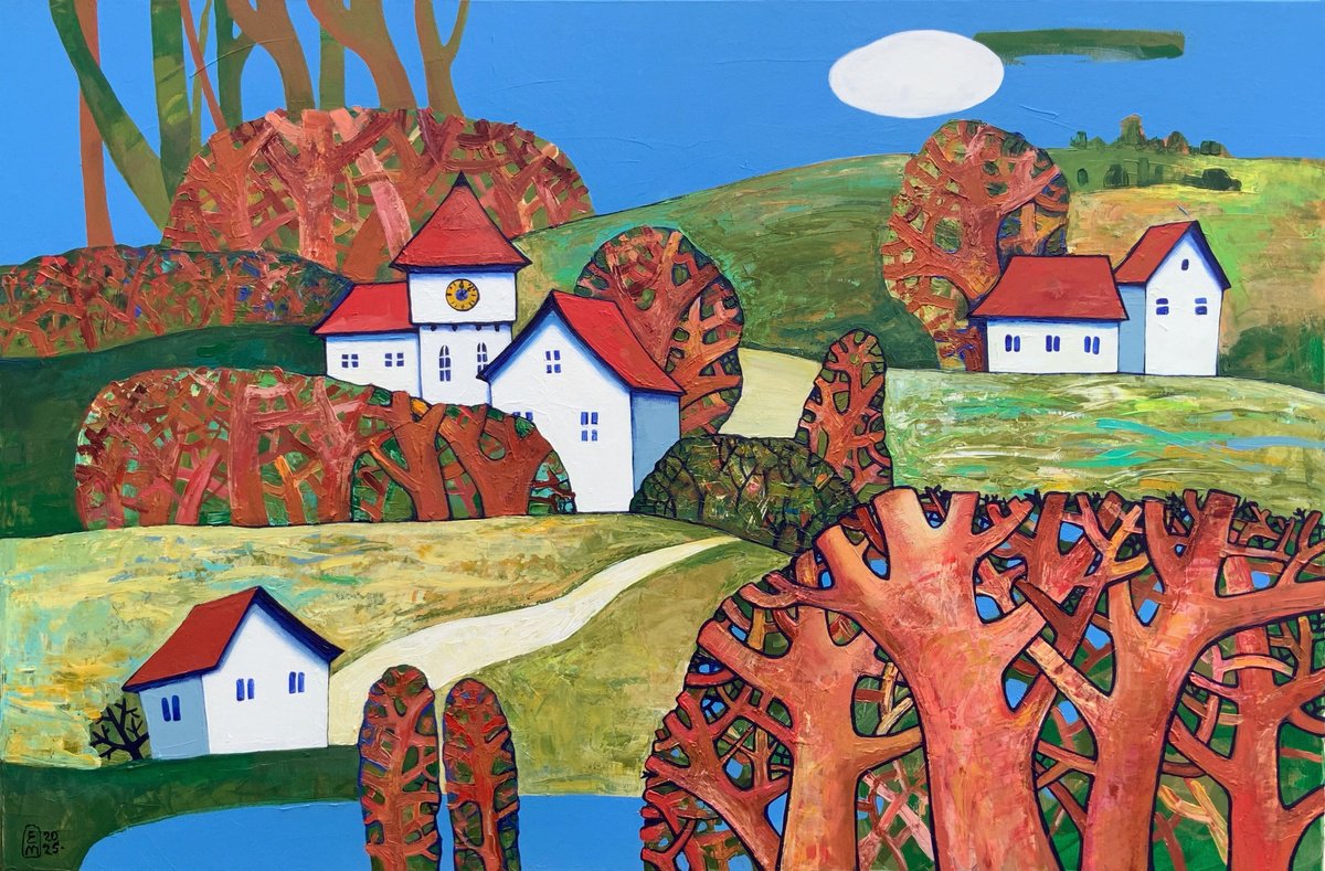 Naive Landscape Acrylic Painting By Elena Tomilova, 33 X 49, Blessed Land, Original Artwork